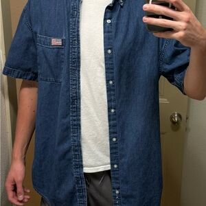 Sz L - Sun River Denim Collared T Shirt with American Flag